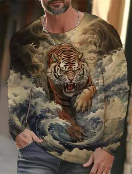 Новая футболка Ukiyoe с 3D-принтом для мужчин и женщин, модная повседневная футболка с круглым вырезом и длинным рукавом с тигром, футболки большого размера Harajuku, топы, детская одежда 5XL