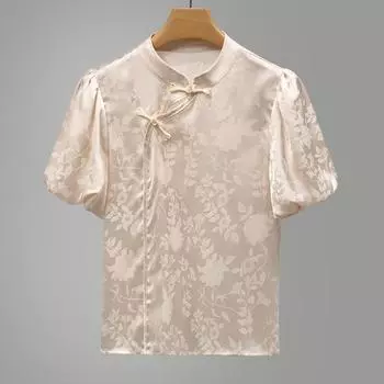 Новая футболка в китайском стиле с застежкой на пуговицы и наклонной планкой, с короткими рукавами и рукавами-фонариками в китайском стиле, женская рубашка с передним плечом S