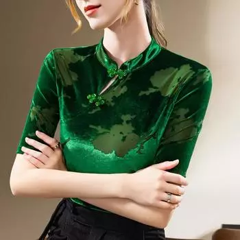 Новая футболка в китайском стиле со средними рукавами для женщин, новая женская модная рубашка из полого бархата, облегающий топ с эффектом темперамента S зелёный