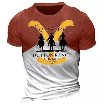 Новая футболка в винтажном стиле для мужчин с принтом Йеллоустонского национального парка в 3D-стиле, ковбойская футболка большого размера с коротким рукавом, повседневная уличная одежда S