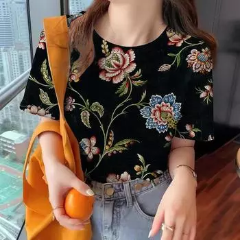 Новая футболка, женская одежда, топ с круглым вырезом, летняя повседневная футболка с короткими рукавами и цветочным принтом, свободная удобная одежда, женская футболка L