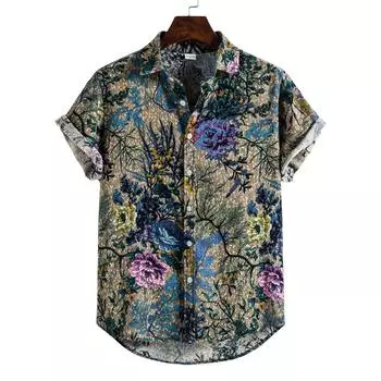 Новая гавайская мужская летняя повседневная рубашка с цветочным принтом в корейском ретро-стиле, с 3D-принтом, с коротким рукавом, на пуговицах, топ свободного размера, рубашка с коротким рукавом S