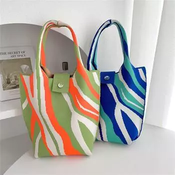 Новая гофрированная вязаная сумка для девочек, повседневная цветная сумка на плечо, женская сумка-ведро, многоразовые сумки для покупок 28x18 см оранжевый