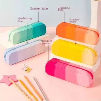 Новая градиентная цветная силиконовая сумка для хранения, портативный органайзер для кистей для макияжа, студенческая сумка для хранения канцелярских принадлежностей, пенал небесно-голубой