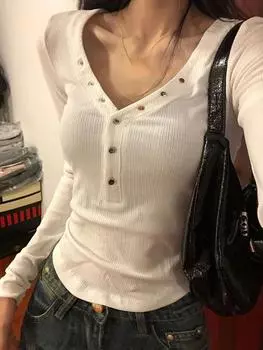 Новая Harajuku Сексуальная однотонная элегантная футболка женская с v-образным вырезом тонкие базовые милые уличные топы женская корейская мода дизайн повседневная тонкая одежда 2024 S белый