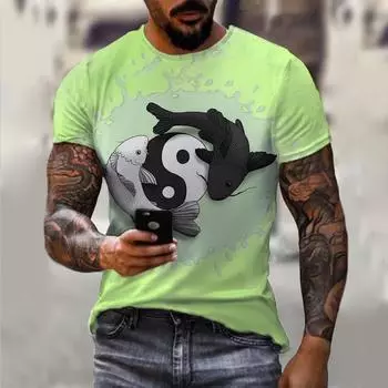 Новая хитовая футболка с рисунком рыбалки с короткими рукавами и 3D принтом животных и волка, уличный топ в стиле хип-хоп, летний топ с диаграммой тай-чи S