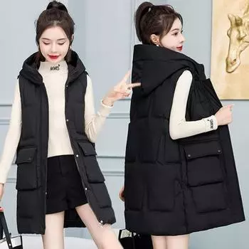 Новая хлопковая куртка средней и длинной длины, пуховый жилет из хлопка, осенне-зимний женский жилет, свободный жилет с капюшоном и большим карманом, куртка XL (recommended 90-55kg)