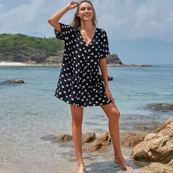 Новая хлопковая накидка на бикини, сексуальная плиссированная свободная мини-юбка с v-образным вырезом и карманами, летняя повседневная женская пляжная накидка на купальник Q771 One Size белый