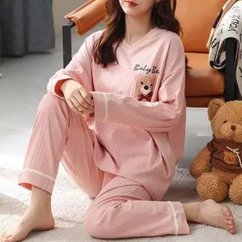 Новая хлопковая пижама для женщин с V-образным вырезом и длинными рукавами, симпатичная пижама из двух предметов 3XL, корейская пижама с принтом медведя, женская домашняя одежда для сна M розовый