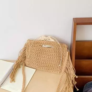 Новая хлопковая вязаная крючком сумка через плечо с кисточкой, плетеная сумка, большая вместимость, сумка-тоут через плечо, женская сумка, тренд коричневый