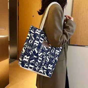 Новая холщовая сумка женская студенческая сумка через плечо для поездок на работу большая вместимость модная простая сумка с напечатанными буквами женская сумка синий