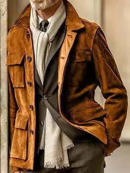 Новая и комбинированная мужская одежда из воловьей кожи, плюшевое повседневное пальто, ветровка с несколькими карманами L армия зеленый