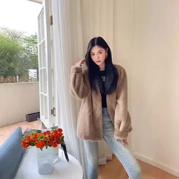 Новая имитация импортного бархата фиолетового золотого цвета, короткая женская норковая шуба из двух норковых мехов, шуба средней длины с V-образным вырезом S