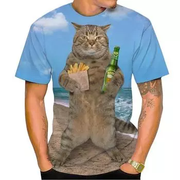 Новая интересная футболка с рисунком кошки 3D-печати для мужчин и женщин, детская летняя футболка с круглым вырезом Harajuku Street, тонкий дышащий топ S