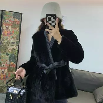 Новая искусственная норковая шуба, пояс из золотистого норкового бархата, тонкий халат, экологически чистая пушистая тонкая шуба, женская длинная L (111~ 60 kg) чёрный