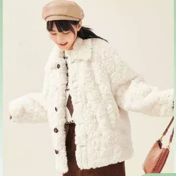 Новая искусственная шуба женская зимняя из меха кролика плюшевая овечья шерсть утолщенная свободная пушистая короткая верхняя часть M абрикосовый