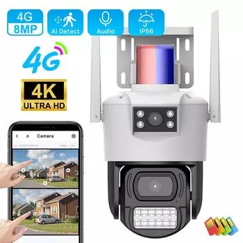 Новая камера 4G, SIM-карта, 4K, 8MP, двойной объектив, WIFI, IP-камера, уличная IP66, водонепроницаемая, двустороннее аудио, AI, защита человеческого трека