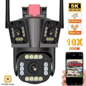 Новая камера безопасности 5K 12MP, Wi-Fi, 10-кратный зум, наружный трехобъективный PTZ-монитор видеонаблюдения, 2K, защита с автоматическим отслеживанием, трехэкранное наблюдение