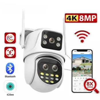 Новая камера наблюдения EU 8MP с двойным экраном и двойным объективом, Wi-Fi, Ai, автоматическое отслеживание цвета, ночного видения, Bluetooth, уличная PTZ-камера безопасности