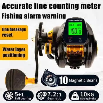 Новая катушка для рыбалки в соленой воде с большой тормозной силой 10 кг и большим водонепроницаемым светодиодным экраном 7,2 дюйма:1 Сигнализация передаточного числа на высокой скорости Left Hand