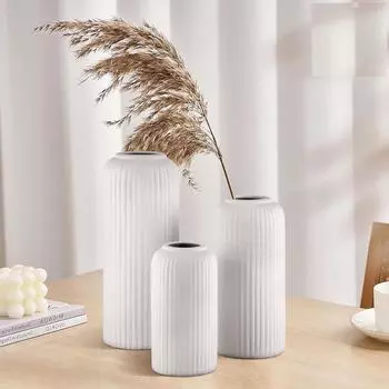 Новая керамическая Белая ваза-флейта 10 дюймов - Набор из 3 штук | Декоративная ваза-флейта для сухоцветов и пампасной травы | Вазы для домашнего декора