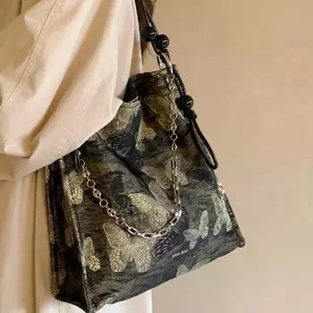 Новая китайская черная и золотая сумка-тоут с бабочкой для женщин 2024 года, новая повседневная сумка через плечо большой вместимости чёрный