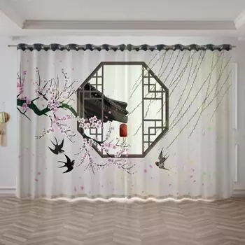Новая китайская древняя архитектура пейзажная живопись занавеска для спальни гостиной пол окно cortinas люверсы верхние 2 панели 100W130H(CM)40x51in&rod pocket