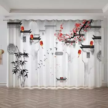 Новая китайская древняя архитектура пейзажная живопись занавеска для дома декоративная перегородка полузатемняющая занавеска для спальни 2 панели (W50cmxH130cm)x2&Rod Pocket