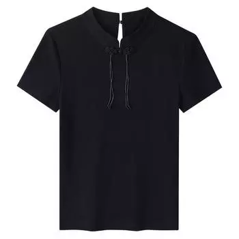 Новая китайская футболка с короткими рукавами для женщин, новая женская футболка с застежкой-стойкой, черная хлопковая футболка с кисточками и воротником-стойкой S чёрный