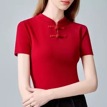 Новая китайская футболка с воротником-стойкой и короткими рукавами для женщин на лето, новая женская ретро-футболка в китайском стиле с пуговицами, шикарный топ S белый
