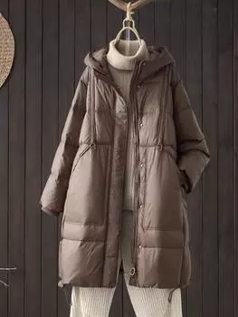 Новая китайская куртка-пуховик женская длинная зимняя новая с капюшоном ретро литературная выше колена свободное утолщенное пальто большого размера S