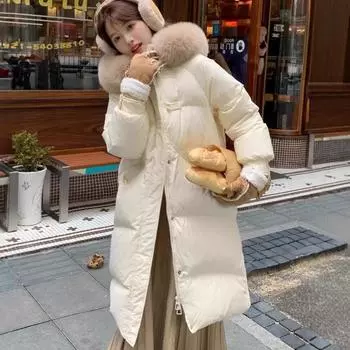 Новая китайская меховая куртка с длинным пуховиком для женщин, элитная, 2024, новая пряжка, элитная белая куртка на утином пуху для женщин S (90-60 kg)