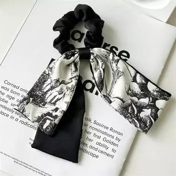 Новая китайская мода Черно-белый цветочный принт Бант Лента Резинки Веревки Кольца для волос Женские Скранчи Резинки для хвостика Эластичные Повязки для волос