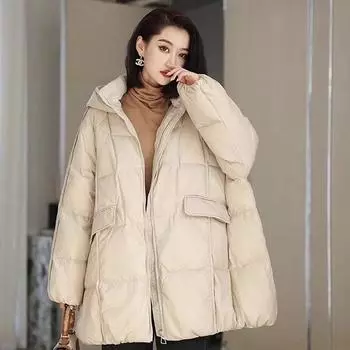 Новая китайская пуховая куртка женская средняя и длинная 2024 новая универсальная утолщенная белая утиная пуховая куртка с капюшоном большого размера One size оранжевый