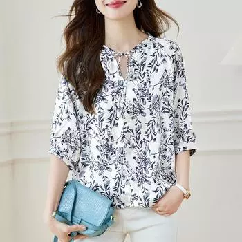 Новая китайская рубашка с принтом сине-белого фарфора для лета Новый топ на шнуровке с V-образным вырезом M