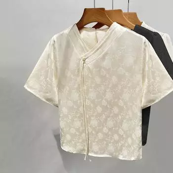 Новая китайская шифоновая рубашка с V-образным вырезом для женщин, новая женская тонкая атласная рубашка с короткими рукавами для старого стиля Цянь, национальный стиль, топ S бежевый