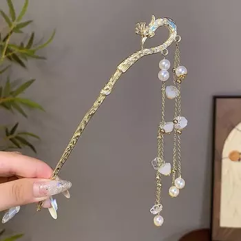 Новая китайская шпилька для волос с кисточкой в виде феникса для женщин, винтажная металлическая жемчужная палочка для волос в стиле ханфу, аксессуары для волос