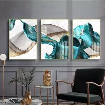 Новая китайская современная простая голубая лента, тройная декоративная картина для гостиной, спальни, фоновая стена, безрамная роспись, крыльцо, живопись 20x30cm No Frame против вспышки белого