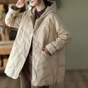 Новая китайская средняя и длинная куртка-пуховик для женщин на зиму 2024 года, новый капюшон с литературным и ретро-белым утиным пухом для сохранения тепла и благоприятных облаков S хаки