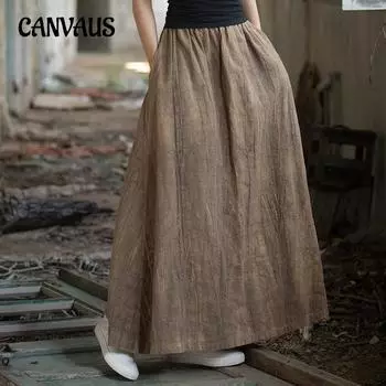 Новая китайская весенне-летняя хлопково-льняная женская длинная длинная литературная свободная юбка с эластичной резинкой на талии больших размеров One Size коричневый