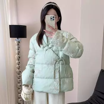 Новая китайская вышитая куртка-пуховик женская в национальном стиле диагональная планка пряжка свободная утолщенная белая утиная пуховая зимняя новая куртка S белый