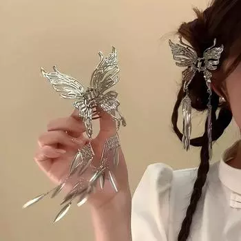 Новая китайская заколка-бабочка с кисточкой, женская затылочная часть, наполовину завязанная, заколка для волос, заколка-акула, высококачественный серебряный головной убор