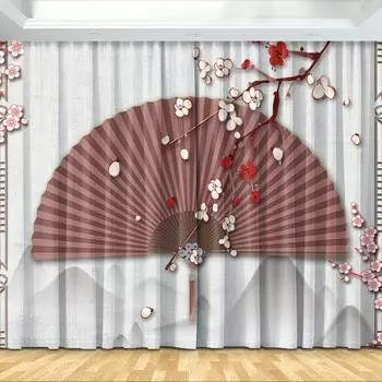 Новая китайская занавеска Японский пейзаж Полутеневая занавеска Печатный крючок для штор Спальня Гостиная Кухня Пол Окно Занавеска 2x60Wx50H(CM)&Rod Pocket