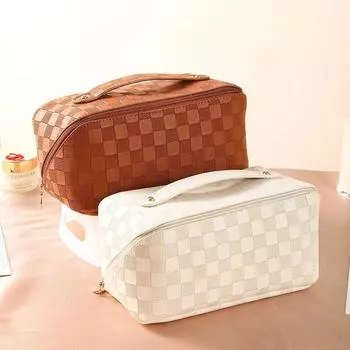 Новая клетчатая косметичка из искусственной кожи, подушка для макияжа, женская роскошная сумка для стирки большой вместимости, многофункциональный дорожный набор туалетных принадлежностей, сумка бежевый