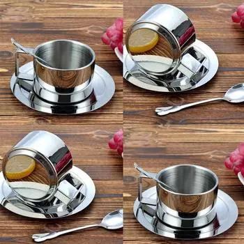 Новая кофейная чашка из нержавеющей стали с блюдцем и ложкой, кофейная кружка, подарки серебряный