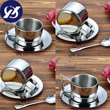 Новая кофейная чашка из нержавеющей стали с блюдцем и ложкой, кофейная кружка, подарки серебряный
