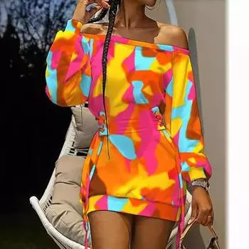 Новая коллекция весна/лето 2025 года. Платье свободного кроя с круглым вырезом и принтом тай-дай, с длинными рукавами. S белый