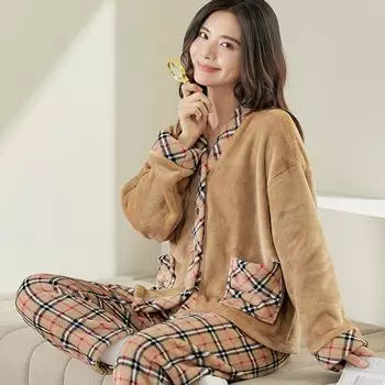 Новая коралловая бархатная пижама для пар плюс бархатная сетка Bao Li для уменьшения возраста Те же кофейные цвета пары можно носить осенью и зимой M