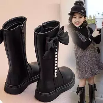Новая корейская версия детских ботинок, высокие ботинки для маленьких девочек, хлопковые ботинки принцессы, модные ботинки 26 yards inner length about 16.6cm чёрный