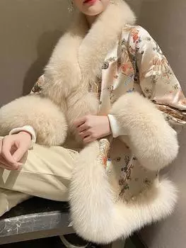 Новая корейская версия искусственного меха лисы, накидка, шуба, женская, в китайском стиле, бисер, зимнее пальто Тан S 90-52.5 kg бежевый